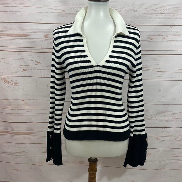 NEW Anthropologie Maeve Black and White Striped Top Large - Picture 1 of 4